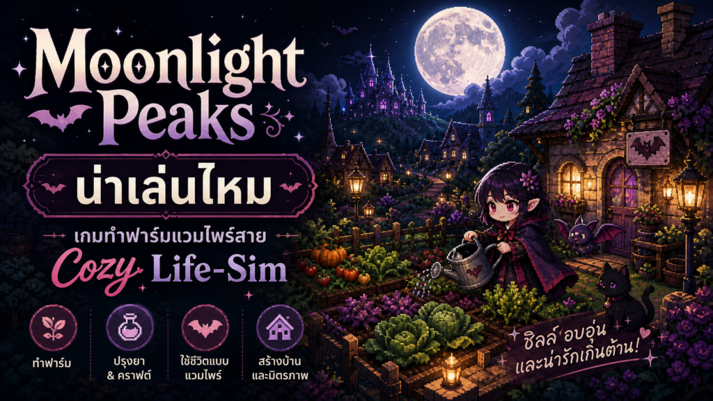 ปกบทความ Moonlight Peaks น่าเล่นไหม เกมทำฟาร์มแวมไพร์สาย Cozy Life-Sim