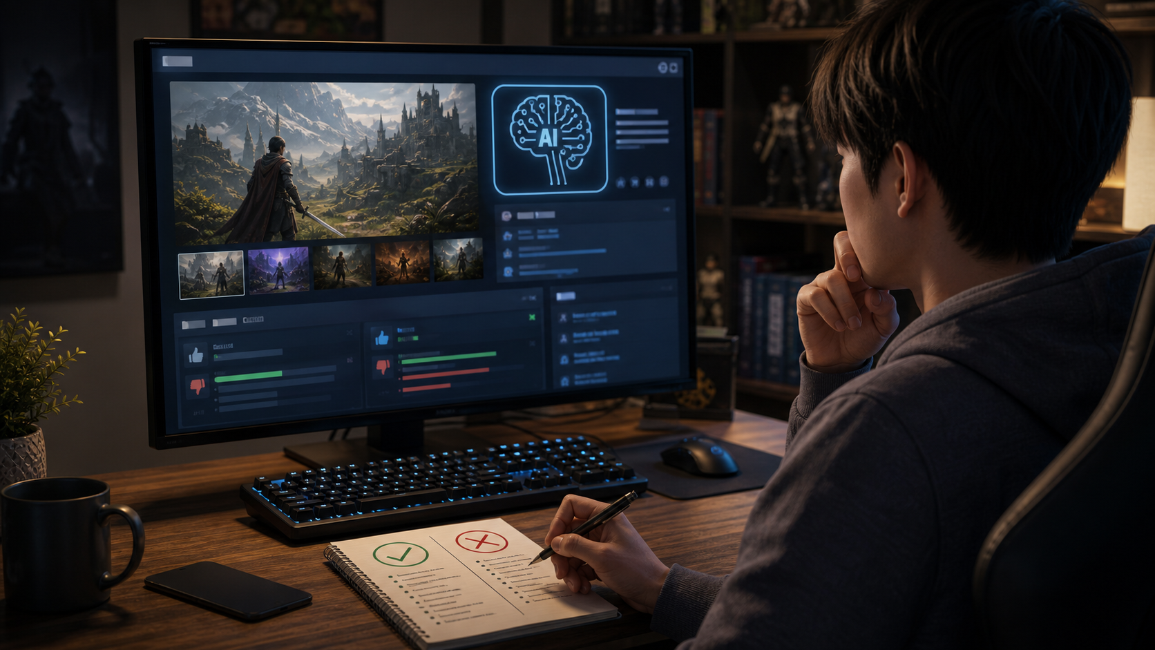 AI ในเกม ภาพประกอบการตรวจข้อมูล AI disclosure บนหน้าร้านเกม